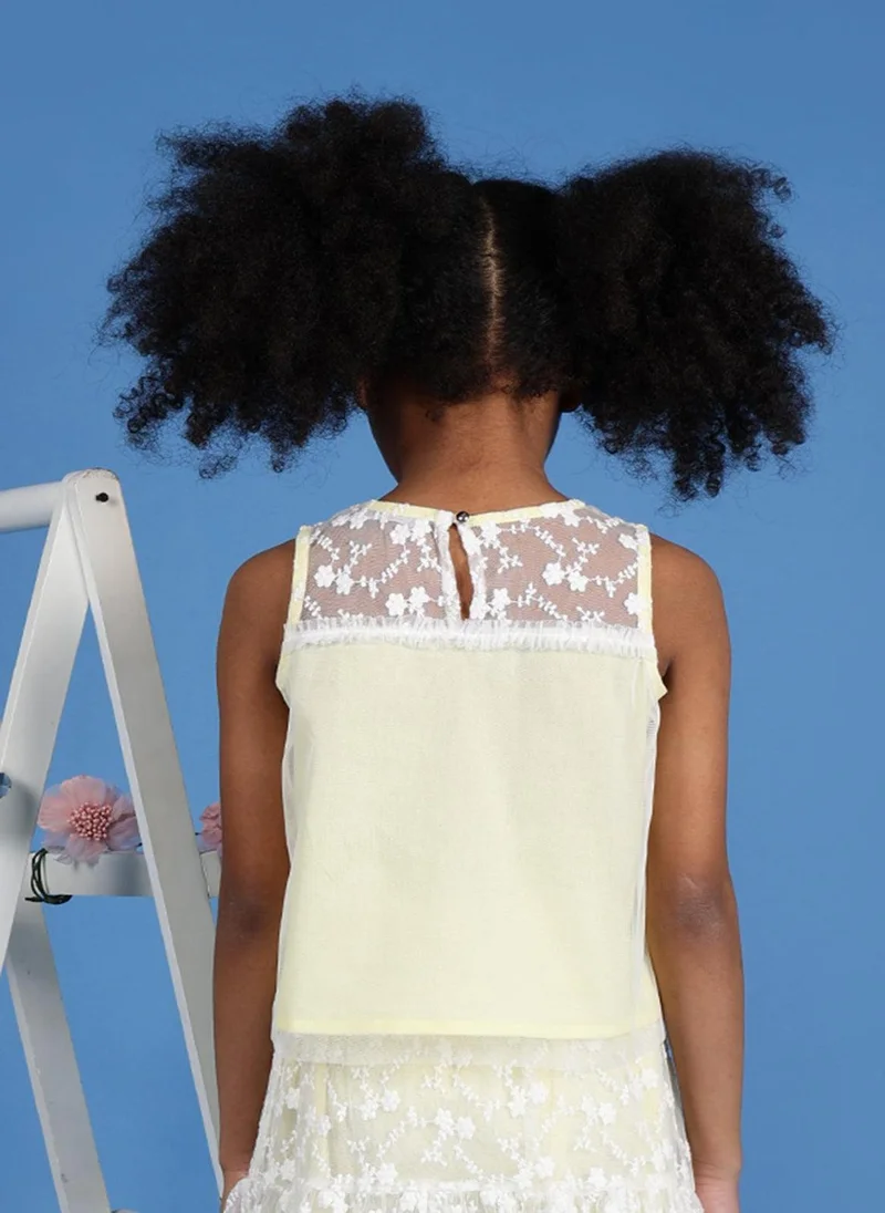One Friday One Friday Girls Yellow Embroidered Net Top