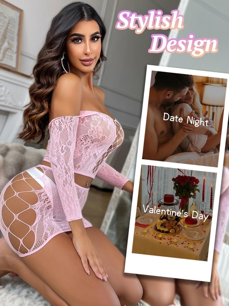 GirlFriend Lingerie for Women Lovely Deep V Neck Teddy Babydoll Mesh Nightwear for Women Mesh Badydoll Fishnets Dresses See Through Lingerie Chemise Outfits One Piece Pink - Image 3