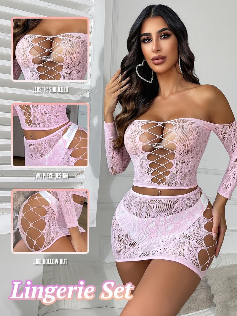 GirlFriend Lingerie for Women Lovely Deep V Neck Teddy Babydoll Mesh Nightwear for Women Mesh Badydoll Fishnets Dresses See Through Lingerie Chemise Outfits One Piece Pink - Image 2