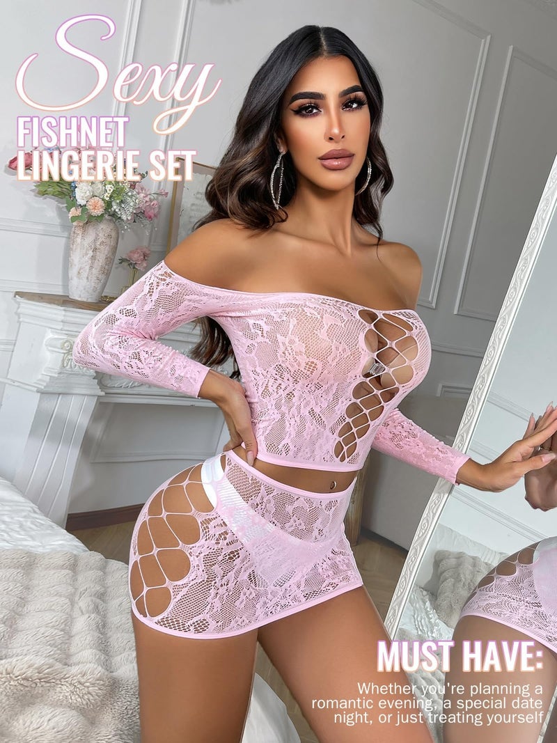 GirlFriend Lingerie for Women Lovely Deep V Neck Teddy Babydoll Mesh Nightwear for Women Mesh Badydoll Fishnets Dresses See Through Lingerie Chemise Outfits One Piece Pink - Image 4