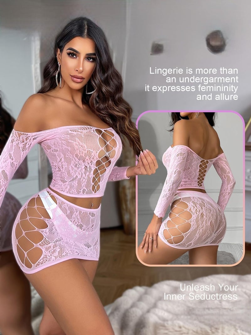 GirlFriend Lingerie for Women Lovely Deep V Neck Teddy Babydoll Mesh Nightwear for Women Mesh Badydoll Fishnets Dresses See Through Lingerie Chemise Outfits One Piece Pink - Image 5