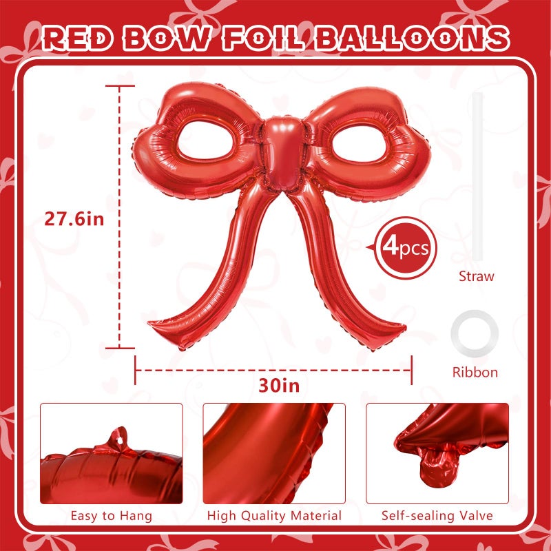 YTHETM 4 Pcs Red Bow Balloons Bow Party Decorations For Girl Women Red Bow Birthday Decorations Giant Foil Balloon For Baby Shower Engagement Wedding Christmas Decor Bachelorette Party Supplies - Image 2