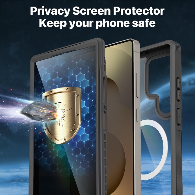 CENHUFO Magnetic Privacy for Samsung Galaxy S25 Ultra Case, Full Body Phone Case with Built-in 9H Tempered Glass Privacy Screen Protector and Camera Lens Cover, Shockproof Protective Bumper - Grey - Image 5