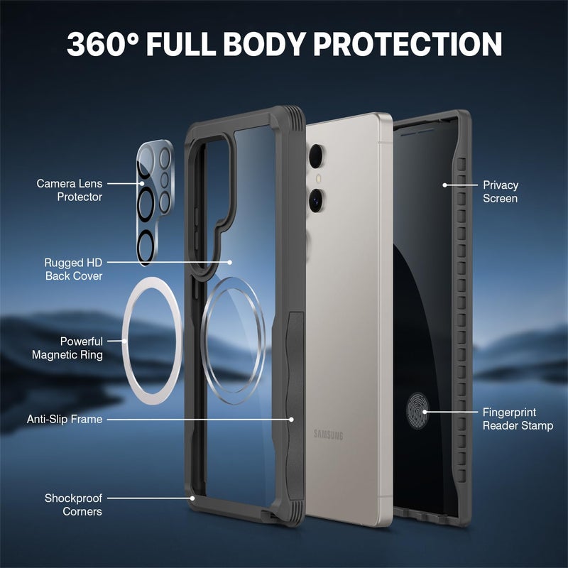 CENHUFO Magnetic Privacy for Samsung Galaxy S25 Ultra Case, Full Body Phone Case with Built-in 9H Tempered Glass Privacy Screen Protector and Camera Lens Cover, Shockproof Protective Bumper - Grey - Image 3