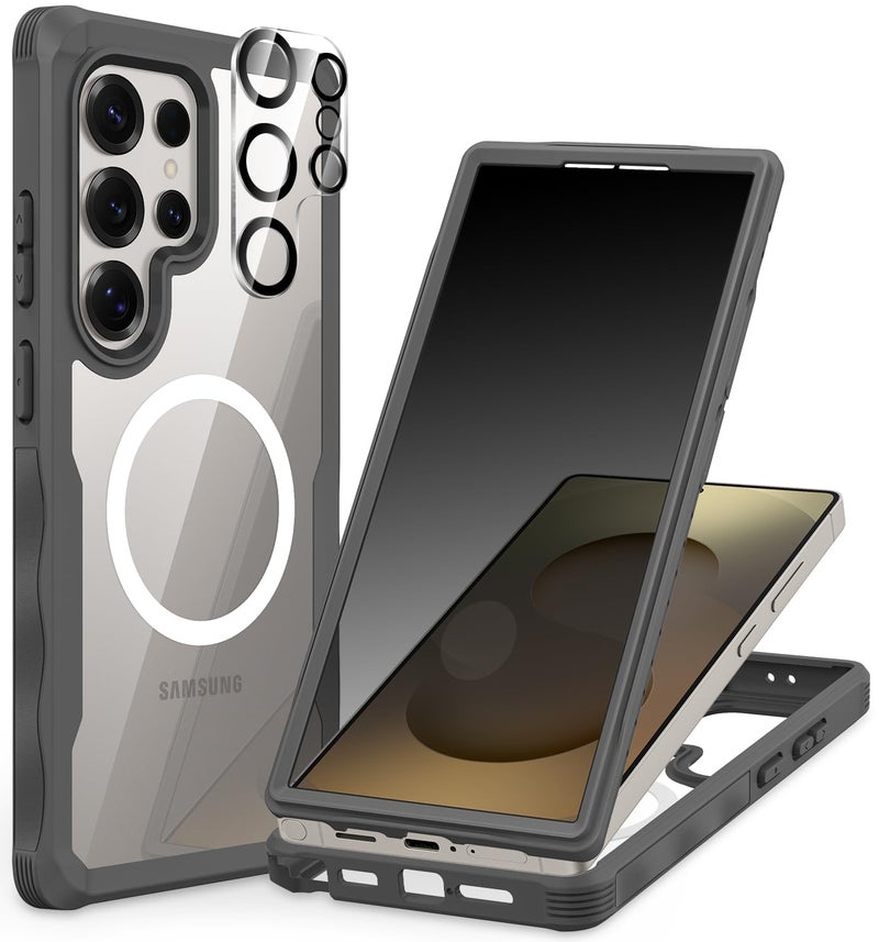 CENHUFO Magnetic Privacy for Samsung Galaxy S25 Ultra Case, Full Body Phone Case with Built-in 9H Tempered Glass Privacy Screen Protector and Camera Lens Cover, Shockproof Protective Bumper - Grey - Image 1