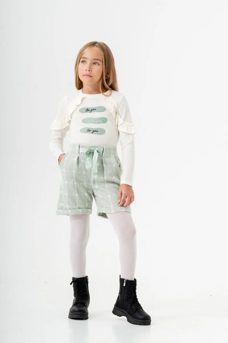 مينيمن جيجيليري My Little Ones Ruffle Detail Plaid Shorts Girl 3-Piece Outfit - Green