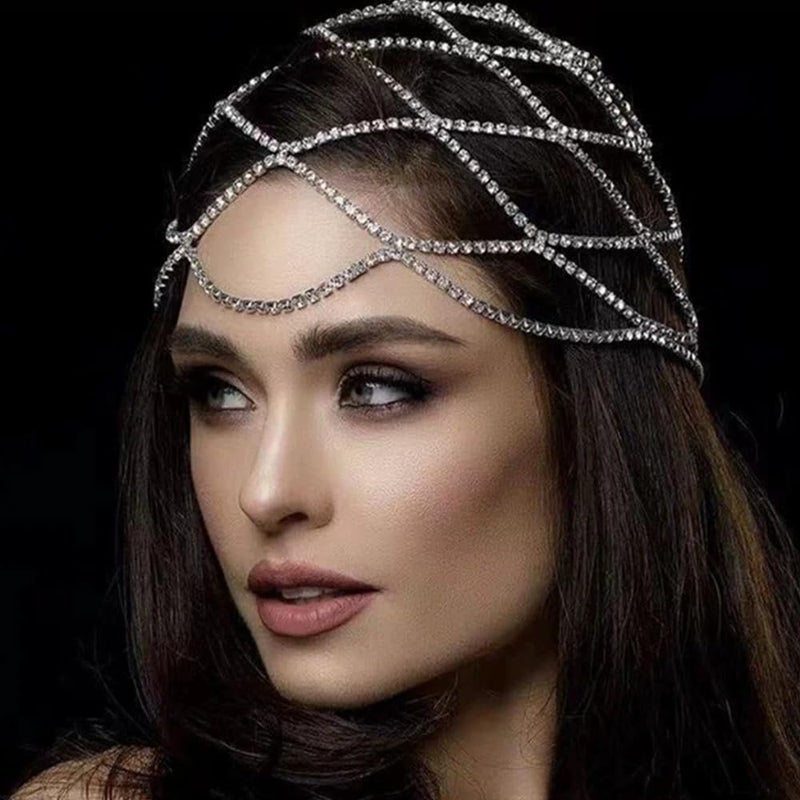 كيلا طوق رأس مرصع بأحجار الراين بتصميم كلاسيكي، قطعة رأس كريستالية لحفلات الزفاف والخطوبة، إكسسوارات شعر مستوحاة من موضة عشرينيات القرن الماضي للنساء، سلسلة شعر للحفلات والمناسبات الرسمية (فضي) - Image 4