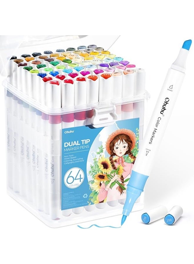 أقلام ماركر بطرف فرشاة 64 لون من اوهوهو: أقلام تحديد للأعمال الفنية برأسين فرشاة وإزميل مع خلاط واحد عديم اللون وشنطة - Image 1