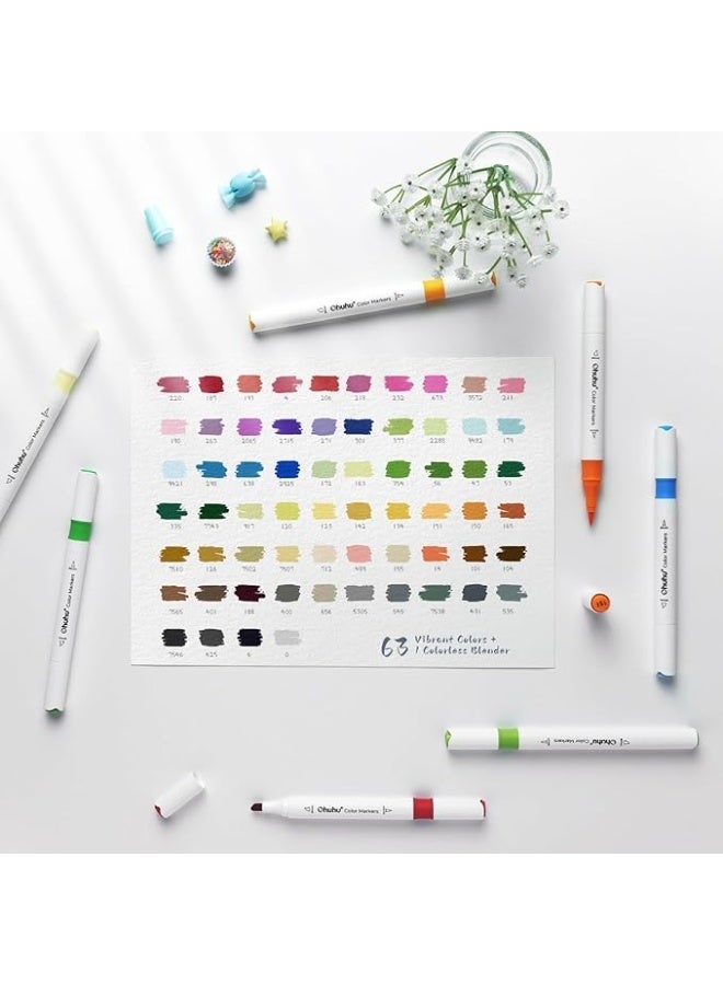 أقلام ماركر بطرف فرشاة 64 لون من اوهوهو: أقلام تحديد للأعمال الفنية برأسين فرشاة وإزميل مع خلاط واحد عديم اللون وشنطة - Image 3