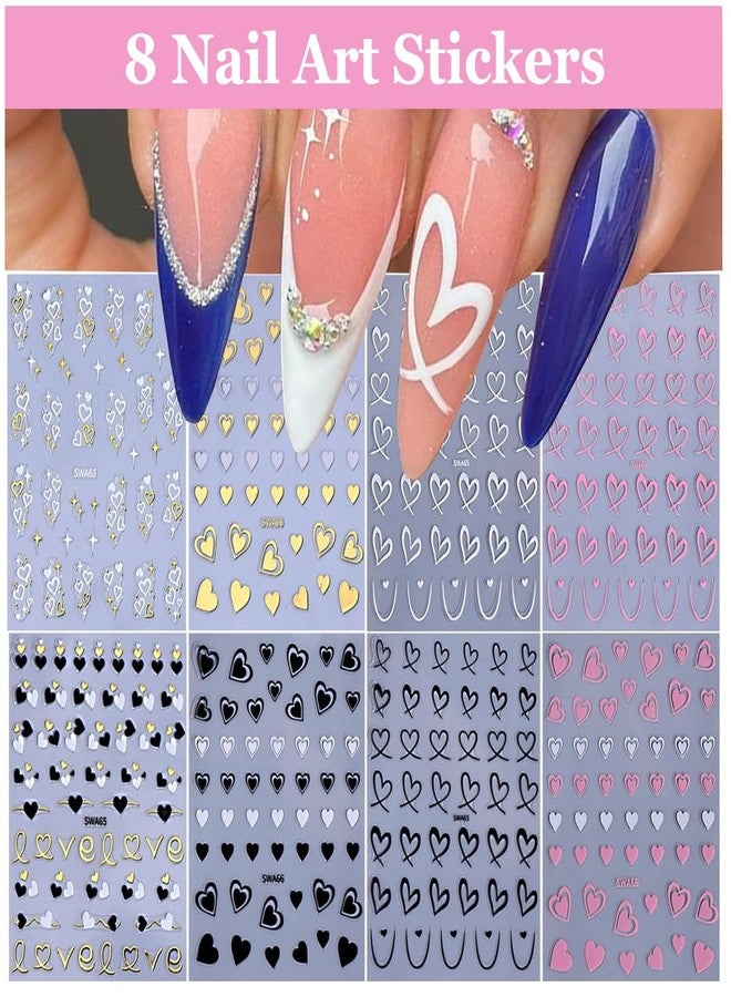 MAYCREATE® 8PCS Nail Stickers for Nail Art 3D Self Adhesive Heart Nails Art Stickers Black White Pink Decals Heart Design Valentine's Day Nails Arts Supplies for Women - Image 3