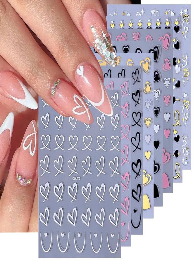 MAYCREATE® 8PCS Nail Stickers for Nail Art 3D Self Adhesive Heart Nails Art Stickers Black White Pink Decals Heart Design Valentine's Day Nails Arts Supplies for Women - Image 1