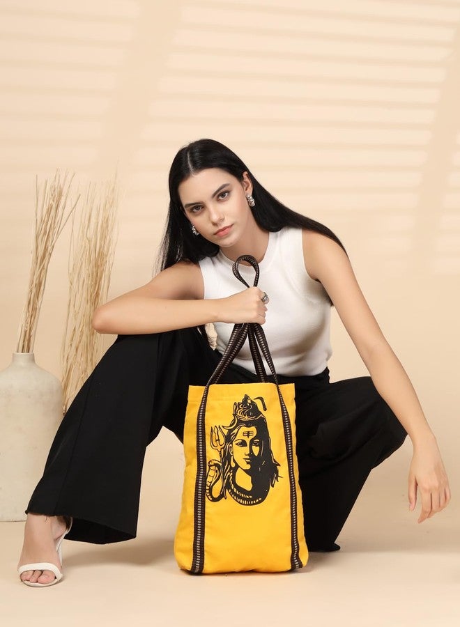 ENSAC Stylish Cotton Tote Bag for Women, Lord Shiva Print Tote for Daily Use-JHOLA-SHIVA-YELLOW-1 - Image 4