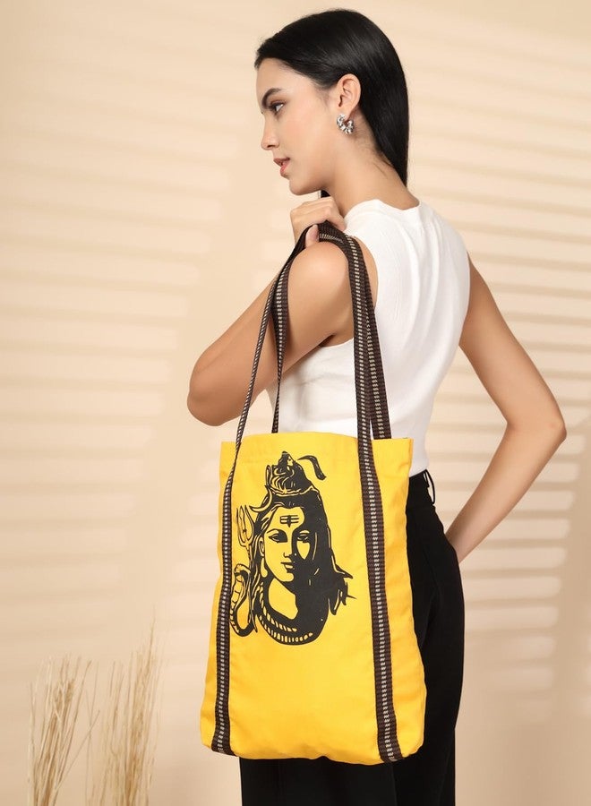 ENSAC Stylish Cotton Tote Bag for Women, Lord Shiva Print Tote for Daily Use-JHOLA-SHIVA-YELLOW-1 - Image 3