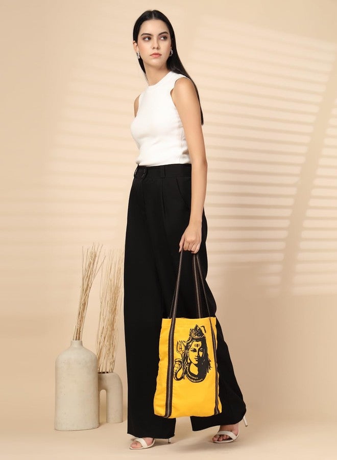 ENSAC Stylish Cotton Tote Bag for Women, Lord Shiva Print Tote for Daily Use-JHOLA-SHIVA-YELLOW-1 - Image 2