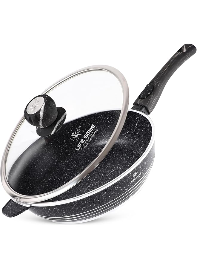 مقلاة عميقة بغطاء، مطلية بالجرانيت متعدد الطبقات، غير لاصقة | مقبض بارد وحلقة تعليق | آمنة للاستخدام في الفرن (أسود، مقبض قابل للفصل، ٢٨ سم (٣.٦ لتر))