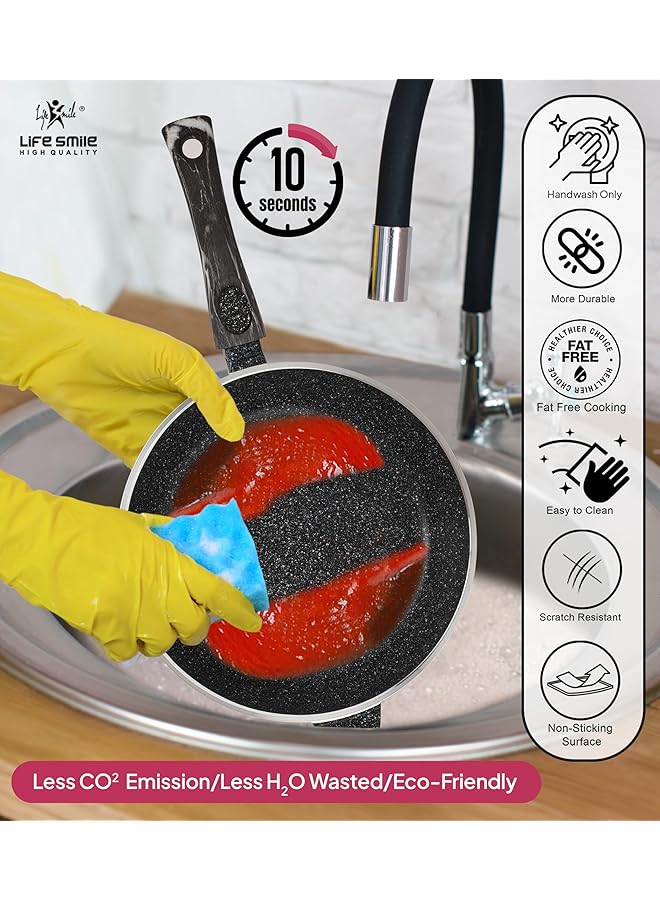 مقلاة عميقة بغطاء، مطلية بالجرانيت متعدد الطبقات، غير لاصقة | مقبض بارد وحلقة تعليق | آمنة للاستخدام في الفرن (أسود، مقبض قابل للفصل، ٢٨ سم (٣.٦ لتر))