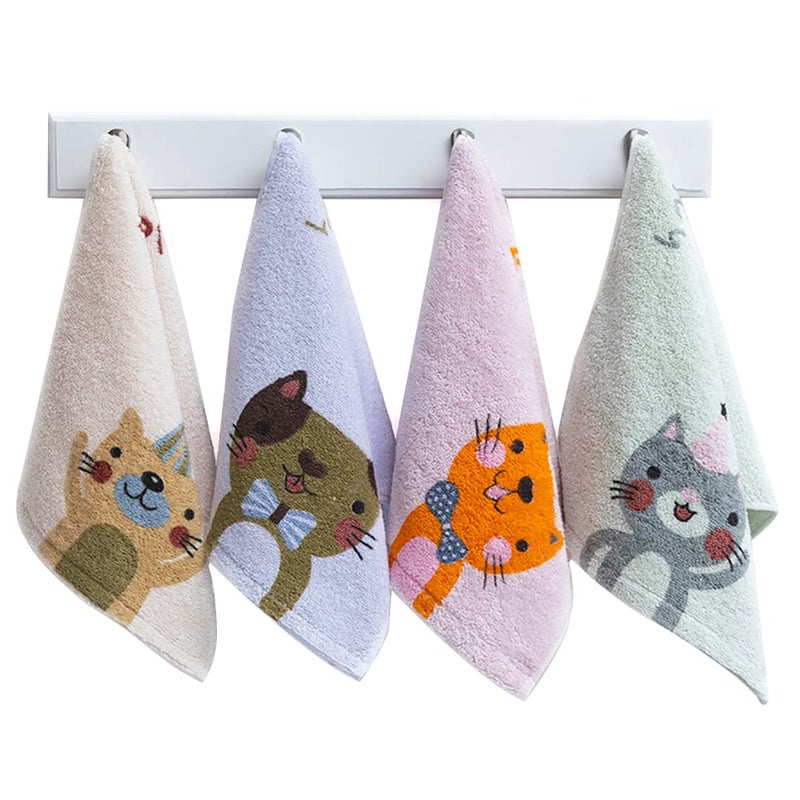 Kissvian 4Pack Cartoon Cat Hand Bath Towel Set Fingertip Bath Towels for Home Pure Cotton Kids Washcloths Soft Close Skin Size 10 x 20