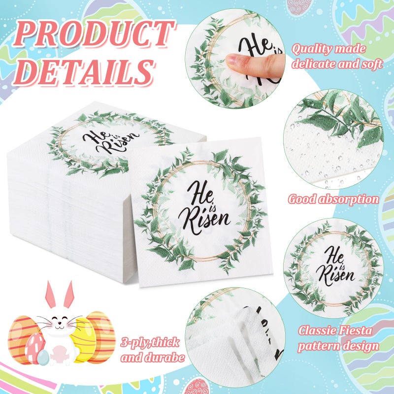 Harloon 100 Pcs 5 x 5 Inches Easter He Is Risen Napkin Paper Religious Cocktail Napkins 3 Ply Disposable Easter Napkins for Easter Jesus Themed Spring Party Christian Dinner Table Decorations - Image 1