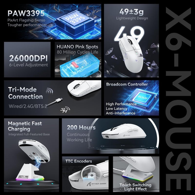 MAMBASNAKE Attack Shark X6 Wireless Gaming Mouse,RGB Magnetic Charging Dock,X3 Upgrade, 49g Ultralight 2.4GHz/BT5.2/USB-C Tri-Mode,PAW3395 Sensor 26KDPI,G502 Programmable Mice for Win/Mac - White - Image 3