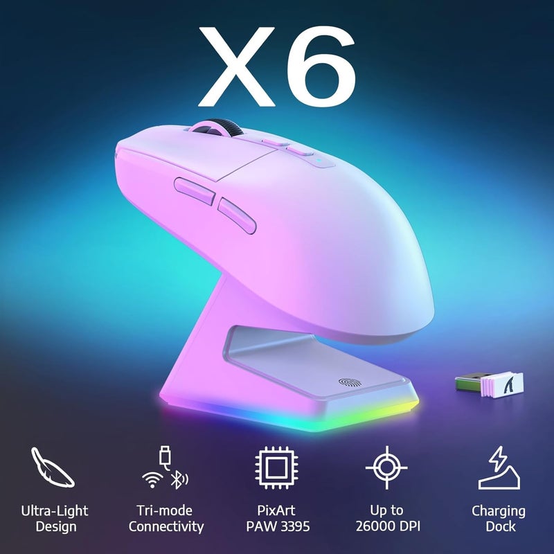 MAMBASNAKE Attack Shark X6 Wireless Gaming Mouse,RGB Magnetic Charging Dock,X3 Upgrade, 49g Ultralight 2.4GHz/BT5.2/USB-C Tri-Mode,PAW3395 Sensor 26KDPI,G502 Programmable Mice for Win/Mac - White - Image 2