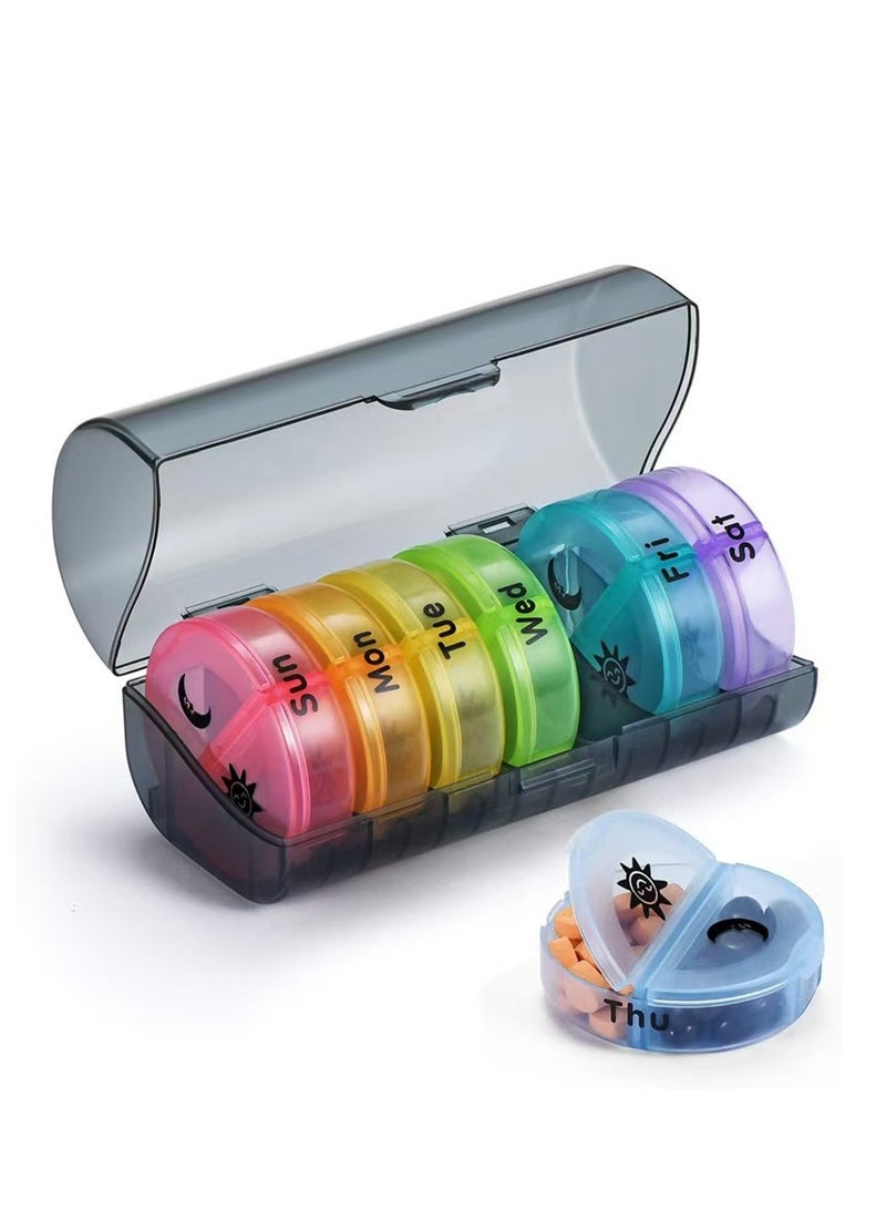 Large daily pill box for medications, vitamins, fish oil, and supplements. Easy-to-open weekly pill organizer, twice a day for seven days. Storage box included.
