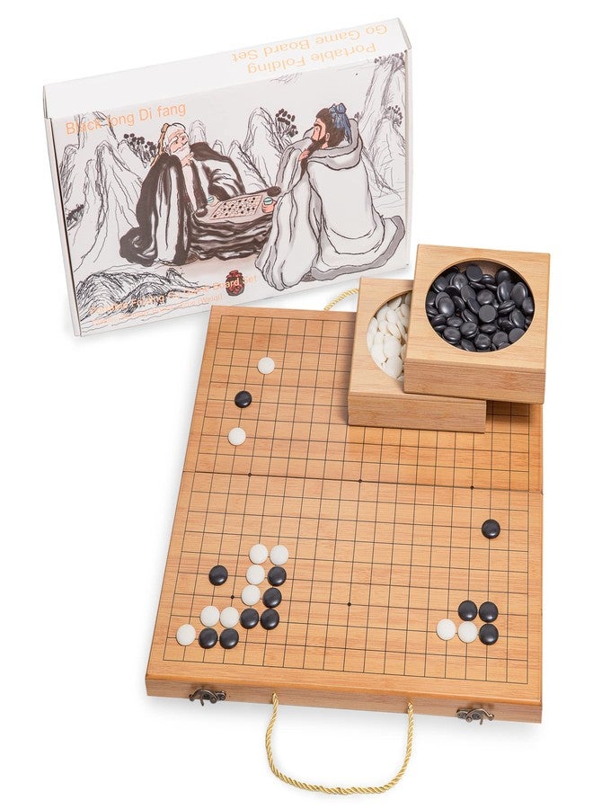 Black long Di fang 19 x19 Folding Go Game Set Board with and Bamboo Bowls and Imitation Jade Go Pieces。 - Image 1
