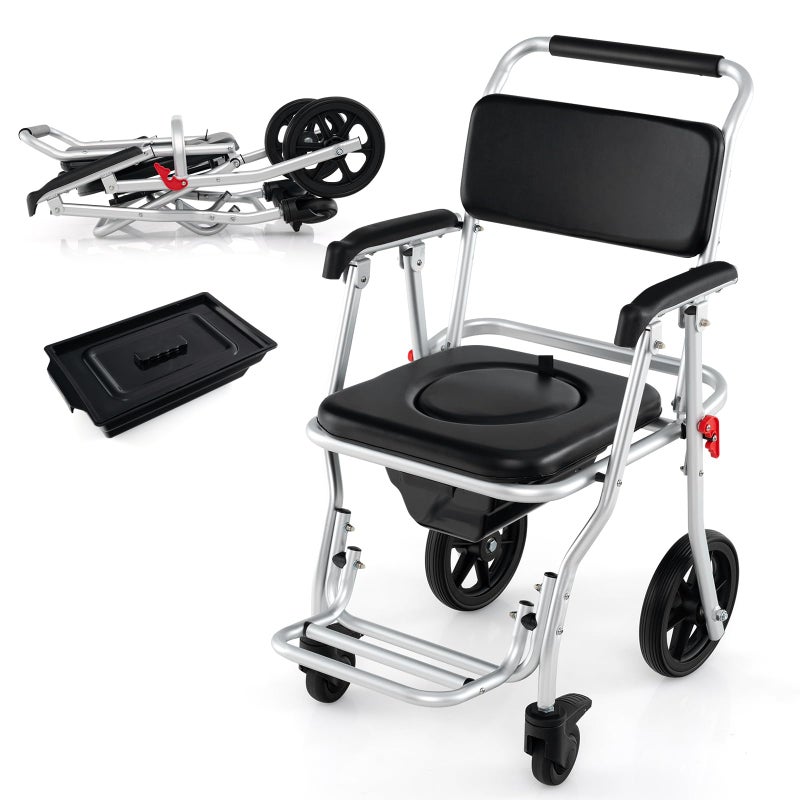 Giantex Bedside Commode Wheelchair for Toilet Foldable Shower Chair with Arms Lockable Casters Detachable Bucket Transport Wheelchair Rolling Bath Chair Shower Seats for Elderly Handicap