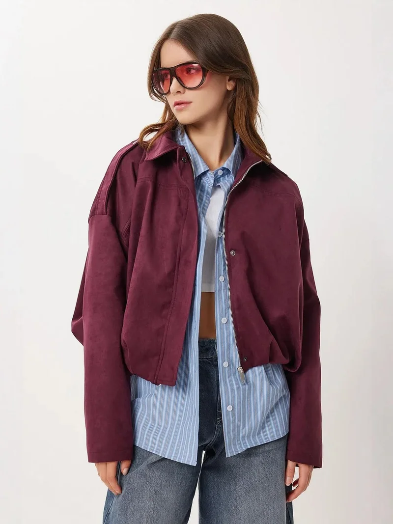 إسطنبول الساحرة ISTANBUL Suede Bomber Jacket with Zipper Closure