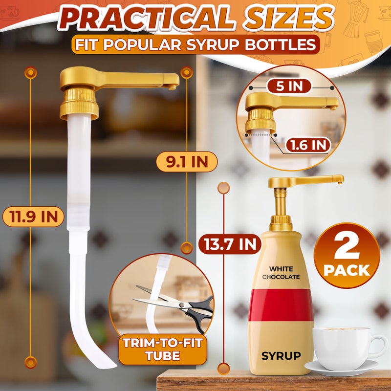 ALPENKOK 2 Pcs Sauce Pump Dispenser â€“ Compatible with Torani, Davinci (64oz), and Ghirardelli (87-90oz) Bottles | Pump for Coffee Syrup Bottle 0.5oz Each Press â€“ Adjustable Long Tube & Lockable Design - Image 2