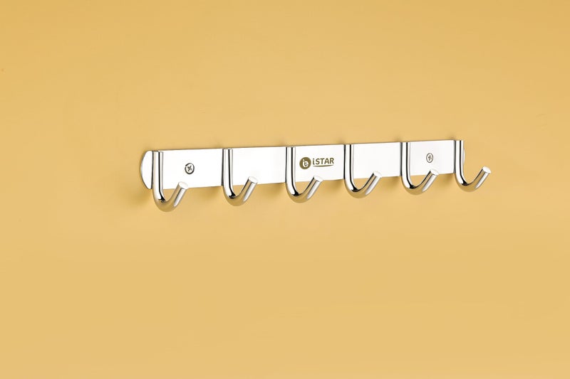 iSTAR SS 304 Premium 6 Pin Bathroom Cloth Hooks Hanger Wall Bedroom Bathroom Robe Hooks Rail for Hanging Keys,Clothes,Towel Steel Hook (Silver) Pack of 2 - Image 2