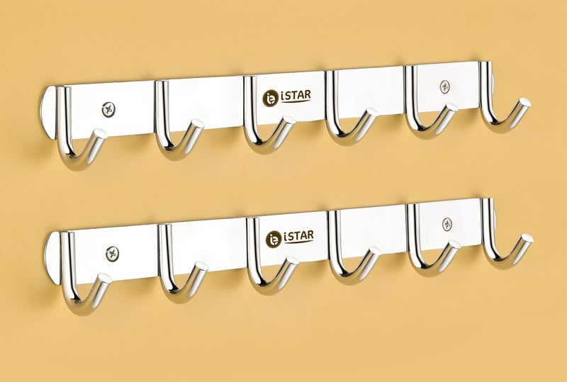 iSTAR SS 304 Premium 6 Pin Bathroom Cloth Hooks Hanger Wall Bedroom Bathroom Robe Hooks Rail for Hanging Keys,Clothes,Towel Steel Hook (Silver) Pack of 2 - Image 1