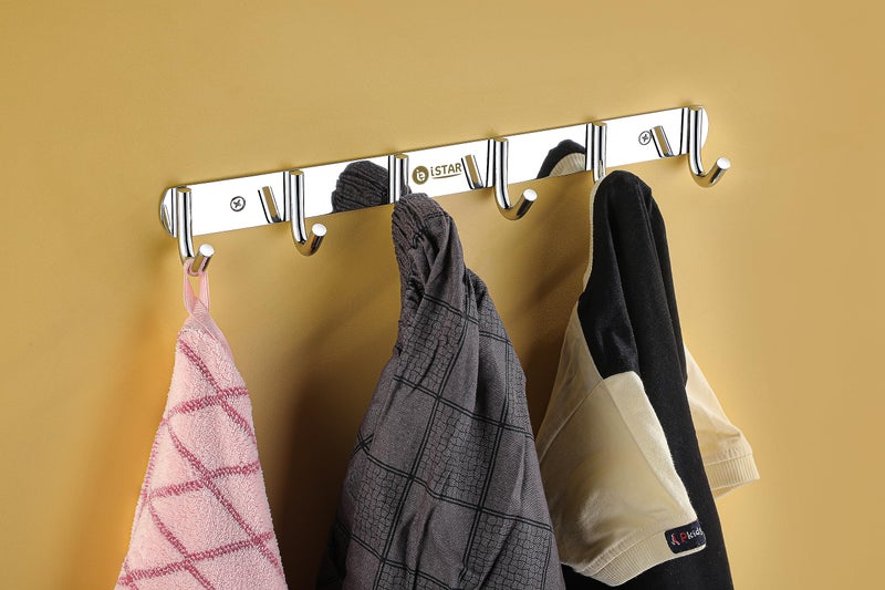 iSTAR SS 304 Premium 6 Pin Bathroom Cloth Hooks Hanger Wall Bedroom Bathroom Robe Hooks Rail for Hanging Keys,Clothes,Towel Steel Hook (Silver) Pack of 2 - Image 4
