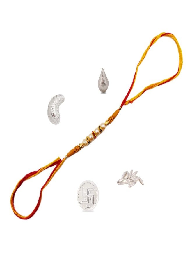 Osasbazaar Rakhi with Pure Silver 1gm Kalash Swastik Coin, Pure Silver Nariyal, Pure Silver Rice, Pure Silver Cashew and Roli Chawal Combo - 99% Pure BIS Hallmarked - Image 1