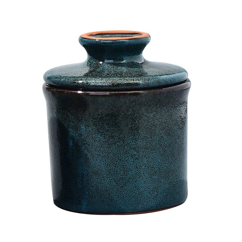 Teapeak Pottery Butter Keeper Crock  Ceramic Butter Dish with Water Line for Countertop Keep Butter Fresh Blue