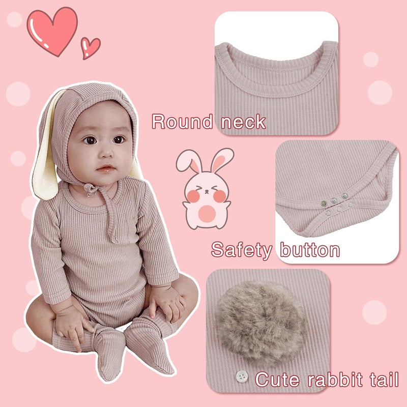 AGQT Newborn Babys Bunny Costume 1st Easter Outfit 3PCS Long Sleeve Romper Baby Boys&Girls Halloween Costume Khaki Size 0-6 Months - Image 2