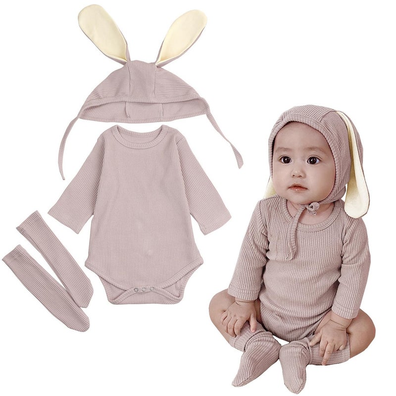 AGQT Newborn Babys Bunny Costume 1st Easter Outfit 3PCS Long Sleeve Romper Baby Boys&Girls Halloween Costume Khaki Size 0-6 Months - Image 1
