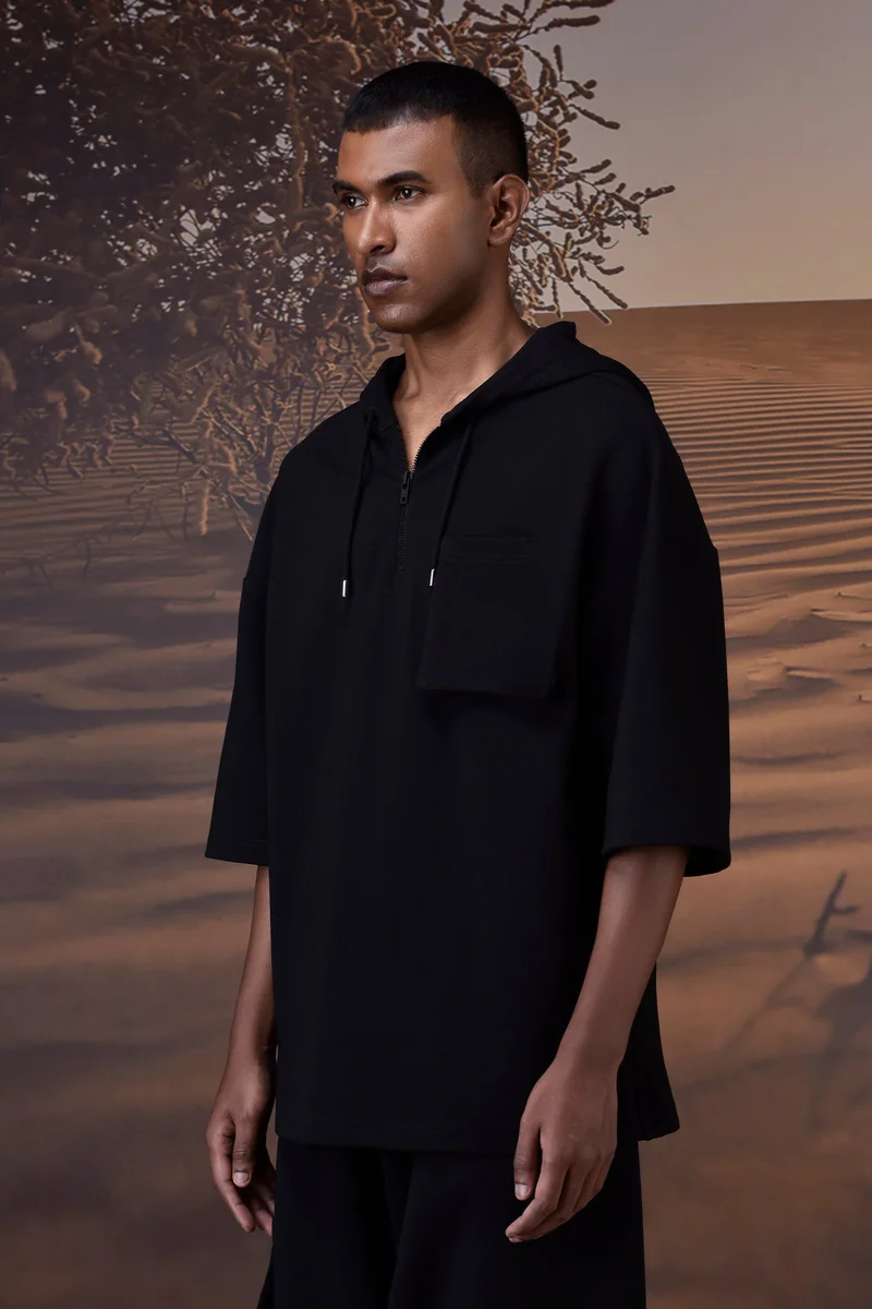 Genes Lecoanet Hemant Black Textured Poly Lycra Hoodie