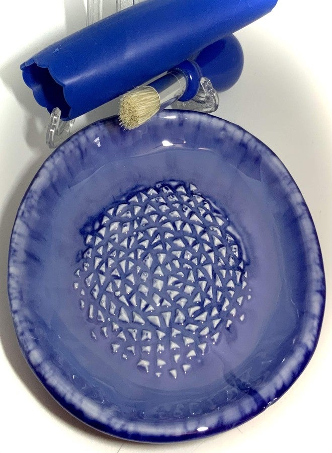BonCera, All-in-one Premium Ceramic Garlic Grater Plate 4-Piece Set - Blue Ocean Glazed Design - For Garlic, Ginger, Chocolate, and more! - Comes with 5.25" Plate, Peeler, Brush, and Stand - Image 5