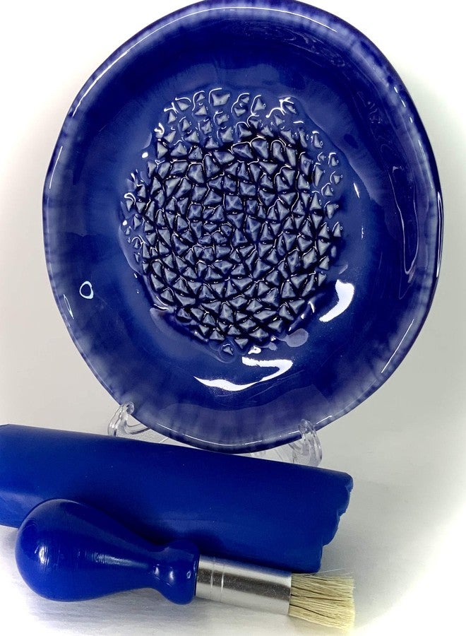 BonCera, All-in-one Premium Ceramic Garlic Grater Plate 4-Piece Set - Blue Ocean Glazed Design - For Garlic, Ginger, Chocolate, and more! - Comes with 5.25" Plate, Peeler, Brush, and Stand - Image 4