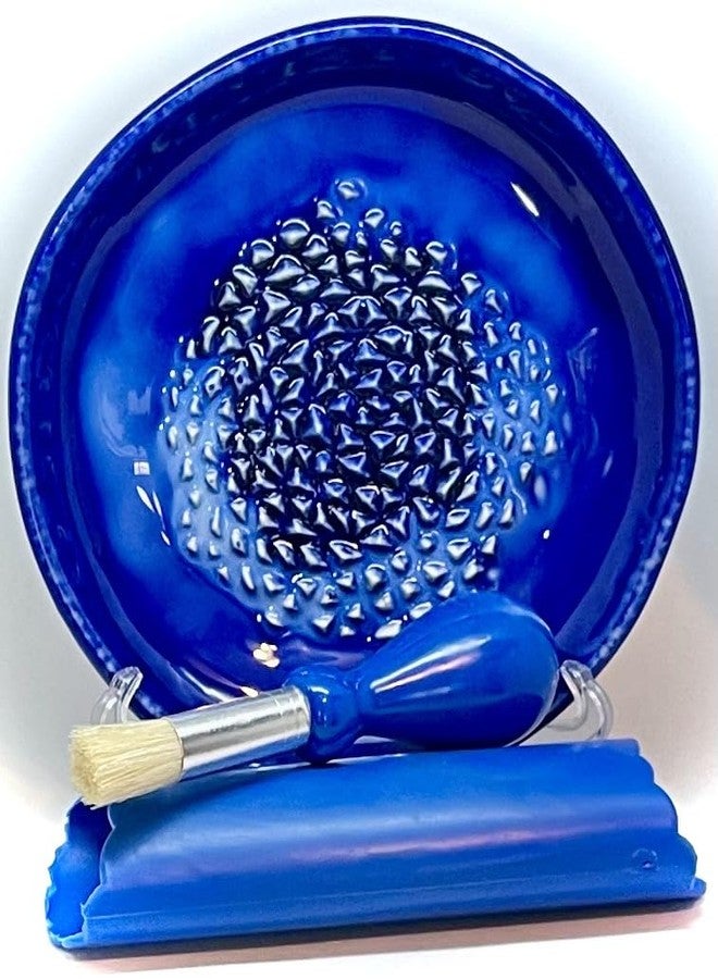 BonCera, All-in-one Premium Ceramic Garlic Grater Plate 4-Piece Set - Blue Ocean Glazed Design - For Garlic, Ginger, Chocolate, and more! - Comes with 5.25" Plate, Peeler, Brush, and Stand - Image 1