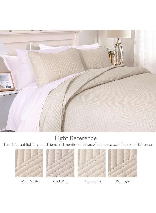 Exclusivo Mezcla Ultrasonic Full Queen Quilt Bedding Set, Lightweight Brich Beige Bedspreads Soft Modern Geometric Coverlet Set for All Seasons - Image 3