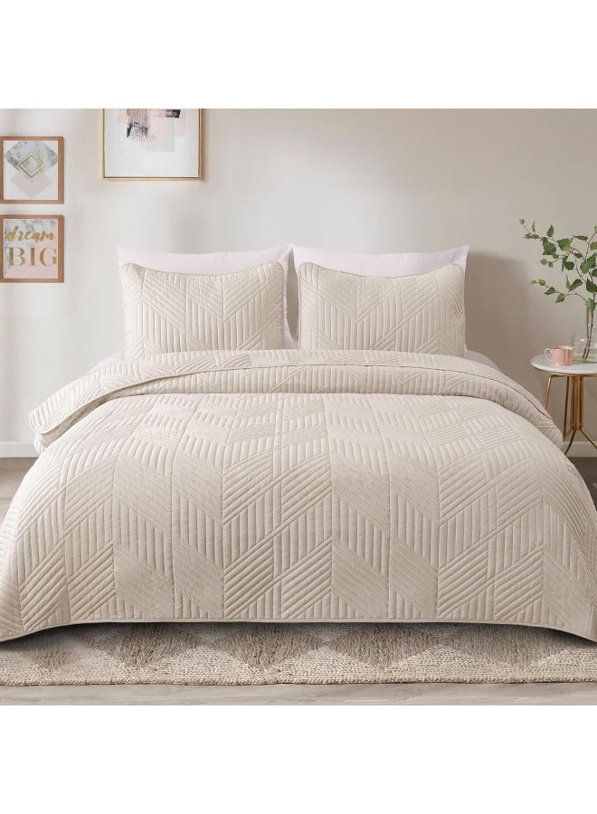 Exclusivo Mezcla Ultrasonic Full Queen Quilt Bedding Set, Lightweight Brich Beige Bedspreads Soft Modern Geometric Coverlet Set for All Seasons - Image 2