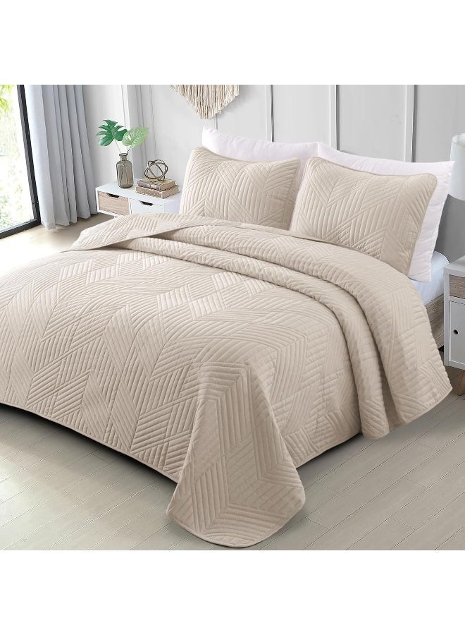Exclusivo Mezcla Ultrasonic Full Queen Quilt Bedding Set, Lightweight Brich Beige Bedspreads Soft Modern Geometric Coverlet Set for All Seasons - Image 1