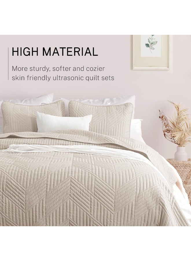 Exclusivo Mezcla Ultrasonic Full Queen Quilt Bedding Set, Lightweight Brich Beige Bedspreads Soft Modern Geometric Coverlet Set for All Seasons - Image 4