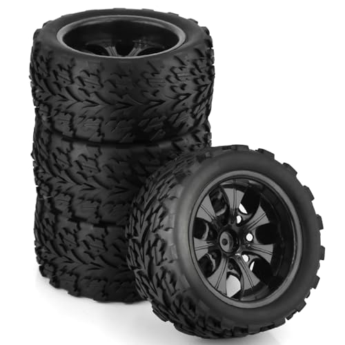 Chanmoo 110 RC Monster Truck Tires and Hard Plastic Wheels 12mm Hex Off Road Truck Tyres for 110 Scale Short Course Truck Car Traxxas XMaxx ERevo Summit Kyosho 144001 HSP 94188 94111 4PCS Black - Image 1