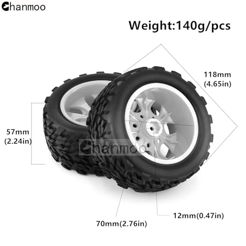 Chanmoo 110 RC Monster Truck Tires and Hard Plastic Wheels 12mm Hex Off Road Truck Tyres for 110 Scale Short Course Truck Car Traxxas XMaxx ERevo Summit Kyosho 144001 HSP 94188 94111 4PCS Black - Image 5