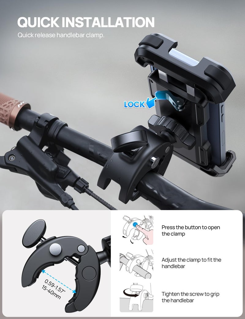 Aomiker Bike Motorcycle Phone Holder Mount - [2025 Quick Release] Bike Phone Holder Handlebar Clamp, Bicycle Scooter Phone Clip for iPhone 16 15 14 13 12 11 Pro Max Plus Mini, 4.7-6.8" Smartphone - Image 4