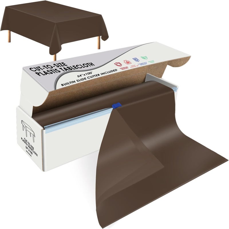 tujol Brown Disposable Plastic Table Cloth Roll 54" X 100', Plastic Table Cover with Cutter Box, Cut to Size Disposable Tablecloth for Parties - Image 1