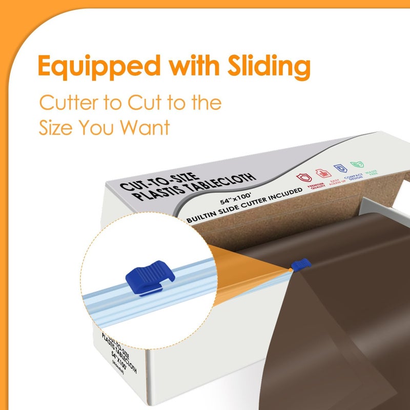 tujol Brown Disposable Plastic Table Cloth Roll 54" X 100', Plastic Table Cover with Cutter Box, Cut to Size Disposable Tablecloth for Parties - Image 3