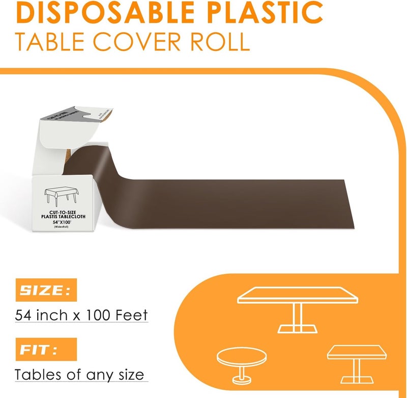 tujol Brown Disposable Plastic Table Cloth Roll 54" X 100', Plastic Table Cover with Cutter Box, Cut to Size Disposable Tablecloth for Parties - Image 2